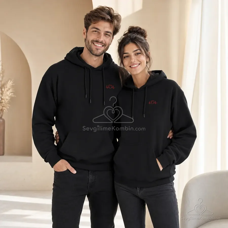 Kalp Çizgisi Hoodie Sevgili Kombini - 2